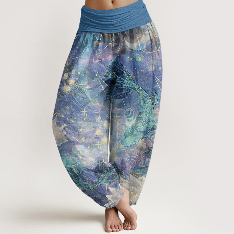 Buddha Stones Damen-Haremshose aus reiner Baumwolle mit Koi-Fisch-Lotus-Mond-Sternen-Muster und elastischer Taille - Hellblau - US22, UK/AU26, EU54 (6XL) - image 0