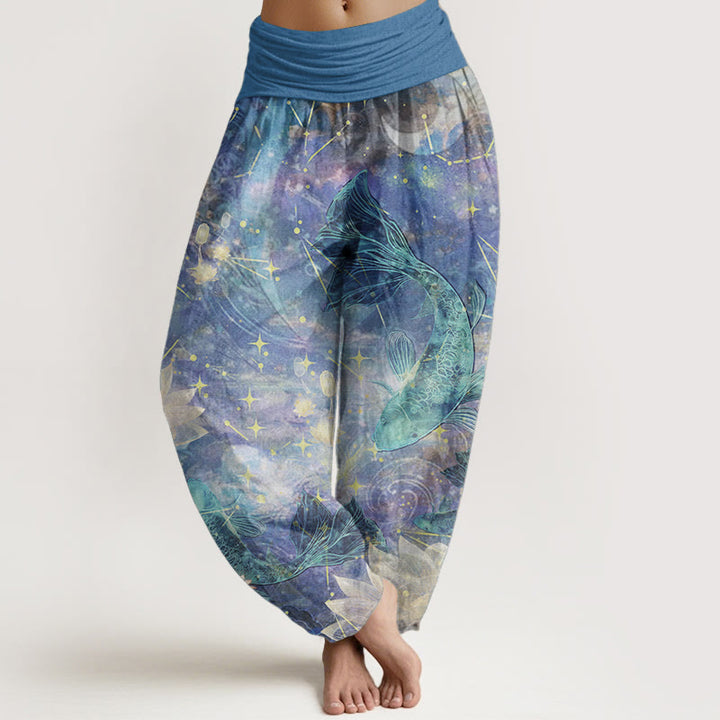 Buddha Stones Damen-Haremshose aus reiner Baumwolle mit Koi-Fisch-Lotus-Mond-Sternen-Muster und elastischer Taille