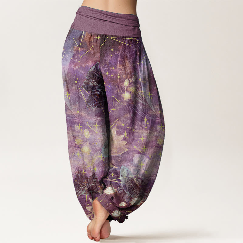 Buddha Stones Damen-Haremshose aus reiner Baumwolle mit Koi-Fisch-Lotus-Mond-Sternen-Muster und elastischer Taille