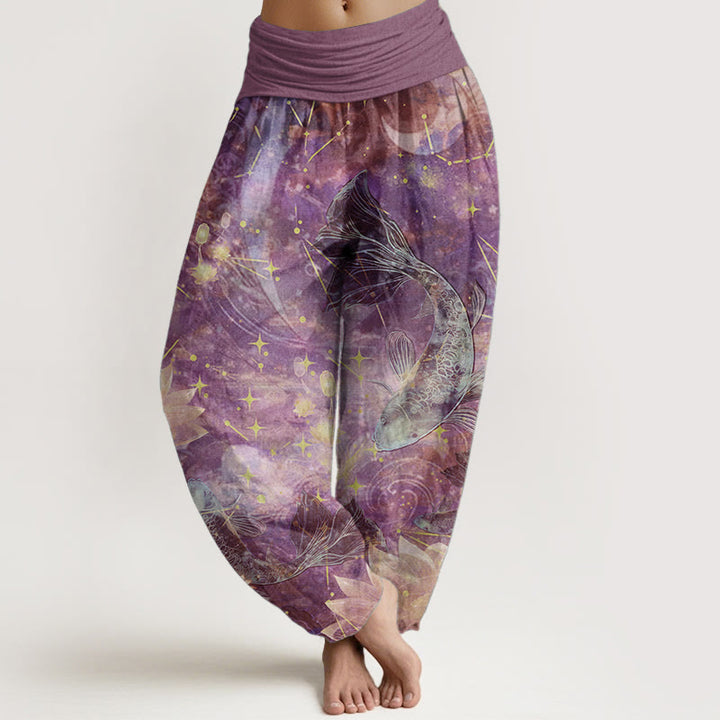 Buddha Stones Damen-Haremshose aus reiner Baumwolle mit Koi-Fisch-Lotus-Mond-Sternen-Muster und elastischer Taille