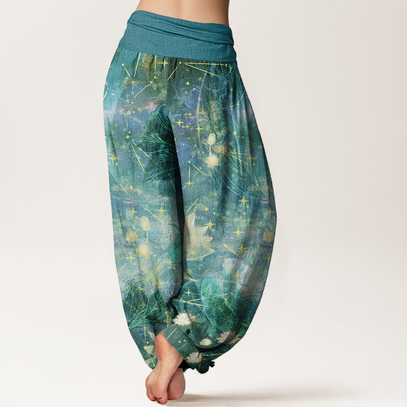 Buddha Stones Damen-Haremshose aus reiner Baumwolle mit Koi-Fisch-Lotus-Mond-Sternen-Muster und elastischer Taille