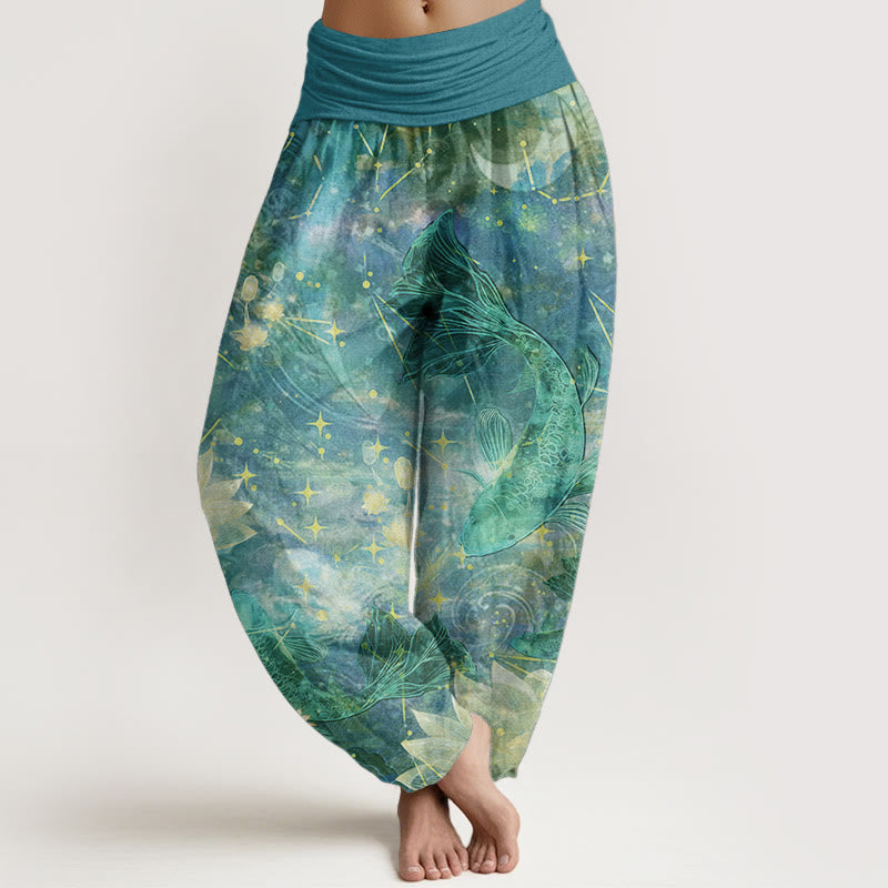 Buddha Stones Damen-Haremshose aus reiner Baumwolle mit Koi-Fisch-Lotus-Mond-Sternen-Muster und elastischer Taille