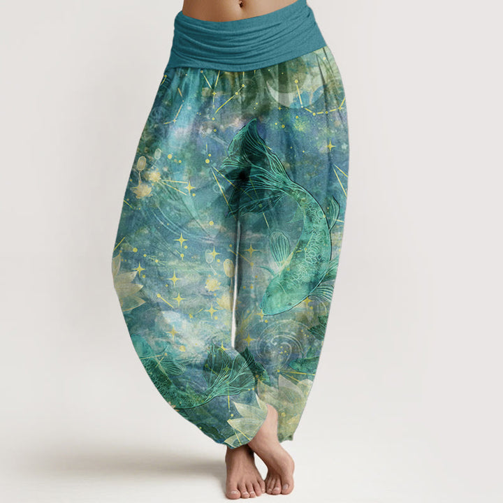 Buddha Stones Damen-Haremshose aus reiner Baumwolle mit Koi-Fisch-Lotus-Mond-Sternen-Muster und elastischer Taille