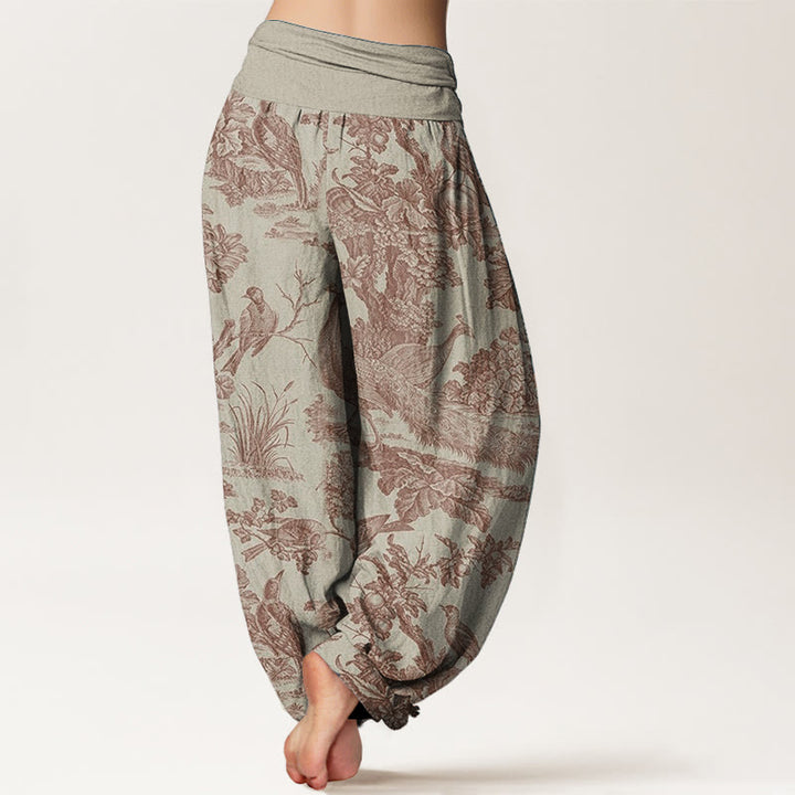 Haremshose mit Buddha Stones, reiner Baumwolle, Vögel, Bäume, Äste, Muster, elastische Taille für Damen