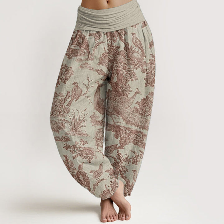 Haremshose mit Buddha Stones, reiner Baumwolle, Vögel, Bäume, Äste, Muster, elastische Taille für Damen