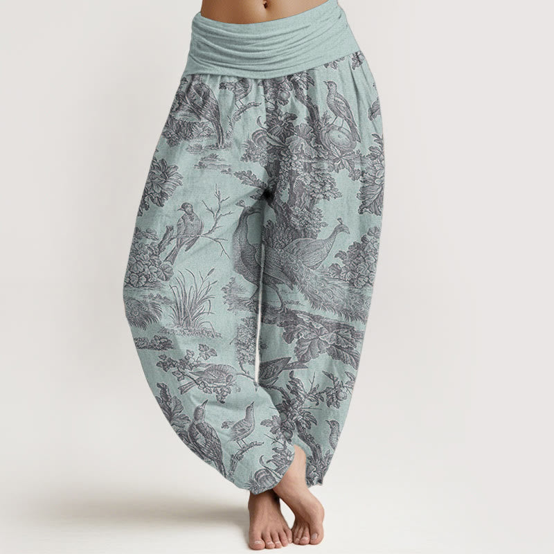 Haremshose mit Buddha Stones, reiner Baumwolle, Vögel, Bäume, Äste, Muster, elastische Taille für Damen
