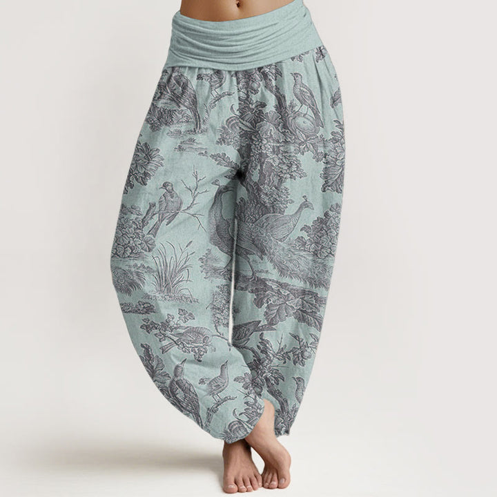 Haremshose mit Buddha Stones, reiner Baumwolle, Vögel, Bäume, Äste, Muster, elastische Taille für Damen