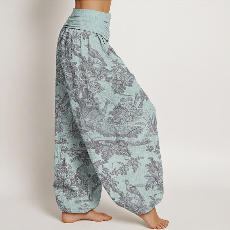 Haremshose mit Buddha Stones, reiner Baumwolle, Vögel, Bäume, Äste, Muster, elastische Taille für Damen
