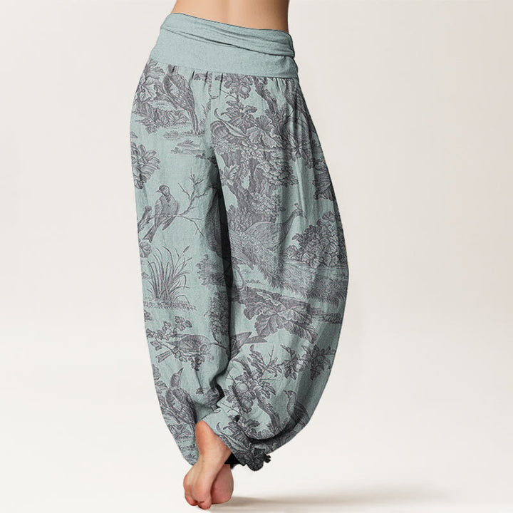 Haremshose mit Buddha Stones, reiner Baumwolle, Vögel, Bäume, Äste, Muster, elastische Taille für Damen
