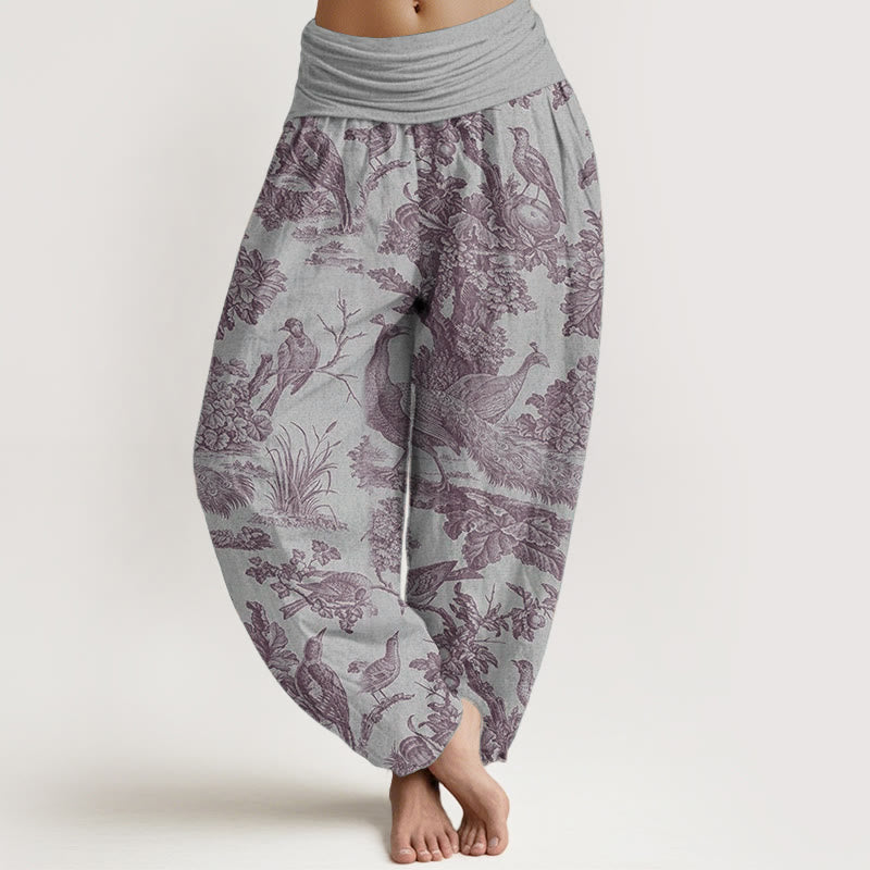 Haremshose mit Buddha Stones, reiner Baumwolle, Vögel, Bäume, Äste, Muster, elastische Taille für Damen