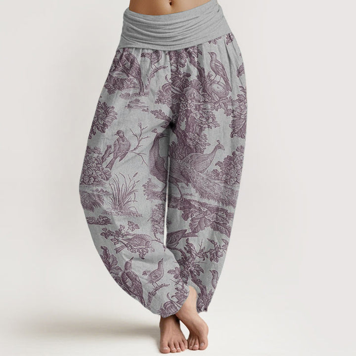 Haremshose mit Buddha Stones, reiner Baumwolle, Vögel, Bäume, Äste, Muster, elastische Taille für Damen