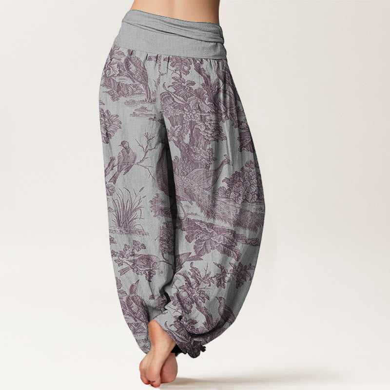 Haremshose mit Buddha Stones, reiner Baumwolle, Vögel, Bäume, Äste, Muster, elastische Taille für Damen