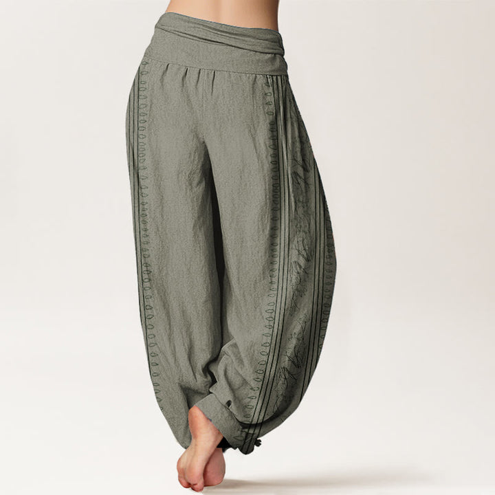 Haremshose mit Buddha Stones aus reiner Baumwolle, Dharma-Rad, Lotus, OM-Muster, elastische Taille für Damen