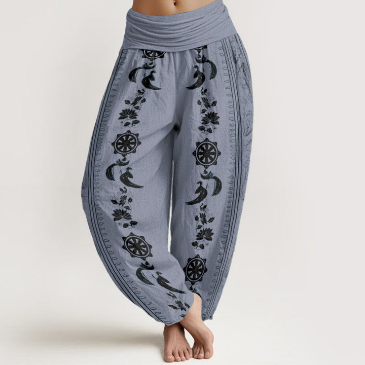 Haremshose mit Buddha Stones aus reiner Baumwolle, Dharma-Rad, Lotus, OM-Muster, elastische Taille für Damen - Hellstahlblau - US22, UK/AU26, EU54 (6XL) - image 0
