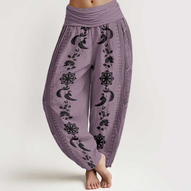 Haremshose mit Buddha Stones aus reiner Baumwolle, Dharma-Rad, Lotus, OM-Muster, elastische Taille für Damen - Violett - US22, UK/AU26, EU54 (6XL) - image 8