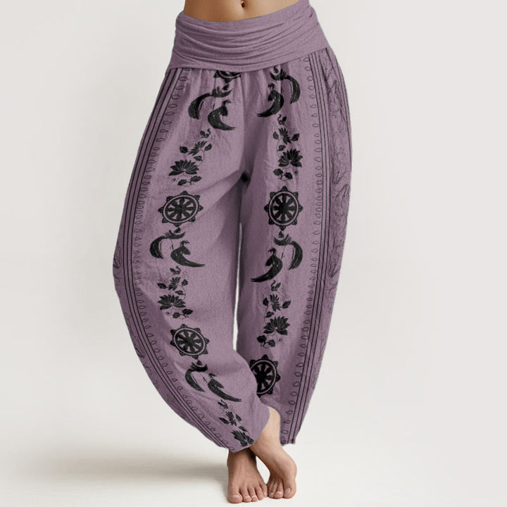 Haremshose mit Buddha Stones aus reiner Baumwolle, Dharma-Rad, Lotus, OM-Muster, elastische Taille für Damen - Violett - US22, UK/AU26, EU54 (6XL) - image 8