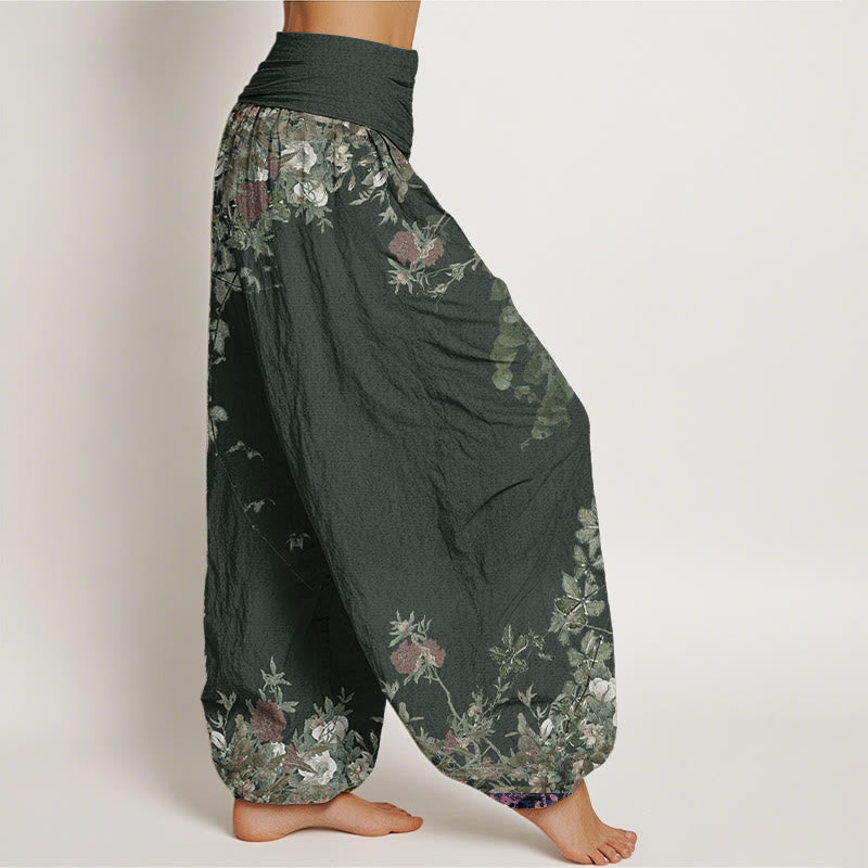 Buddha Stones Damen Haremshose aus reiner Baumwolle mit rotem Pfingstrosen-Blumenranken-Design und elastischer Taille