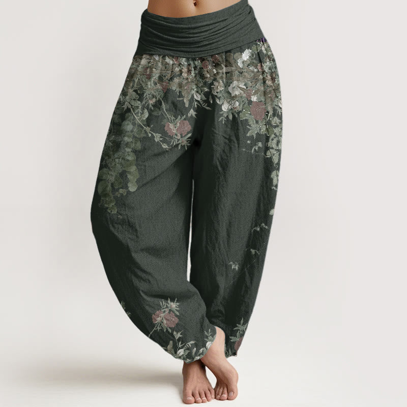 Buddha Stones Damen Haremshose aus reiner Baumwolle mit rotem Pfingstrosen-Blumenranken-Design und elastischer Taille