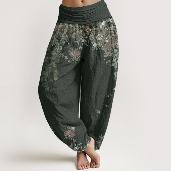 Buddha Stones Damen Haremshose aus reiner Baumwolle mit rotem Pfingstrosen-Blumenranken-Design und elastischer Taille