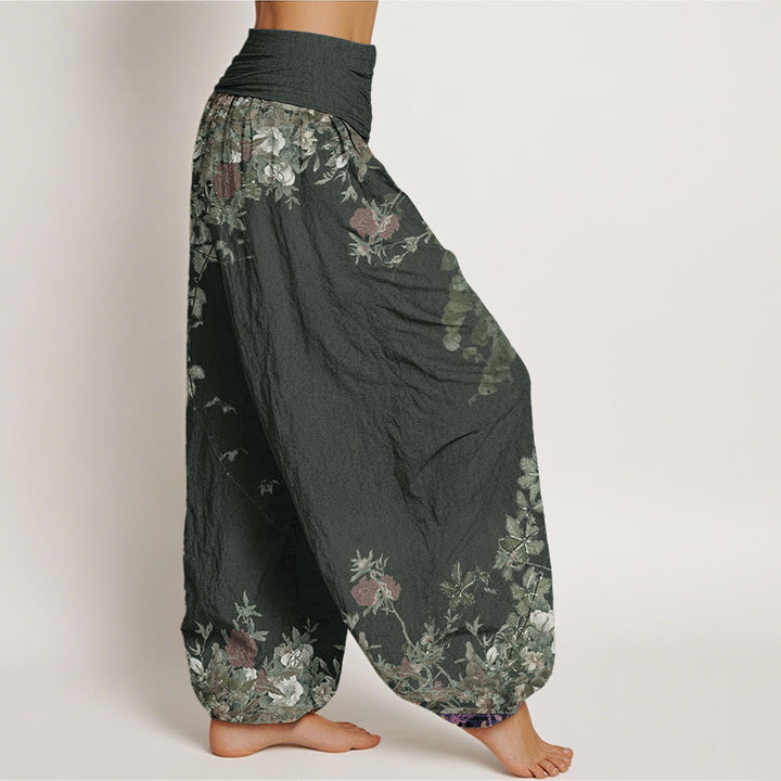 Buddha Stones Damen Haremshose aus reiner Baumwolle mit rotem Pfingstrosen-Blumenranken-Design und elastischer Taille - image 8