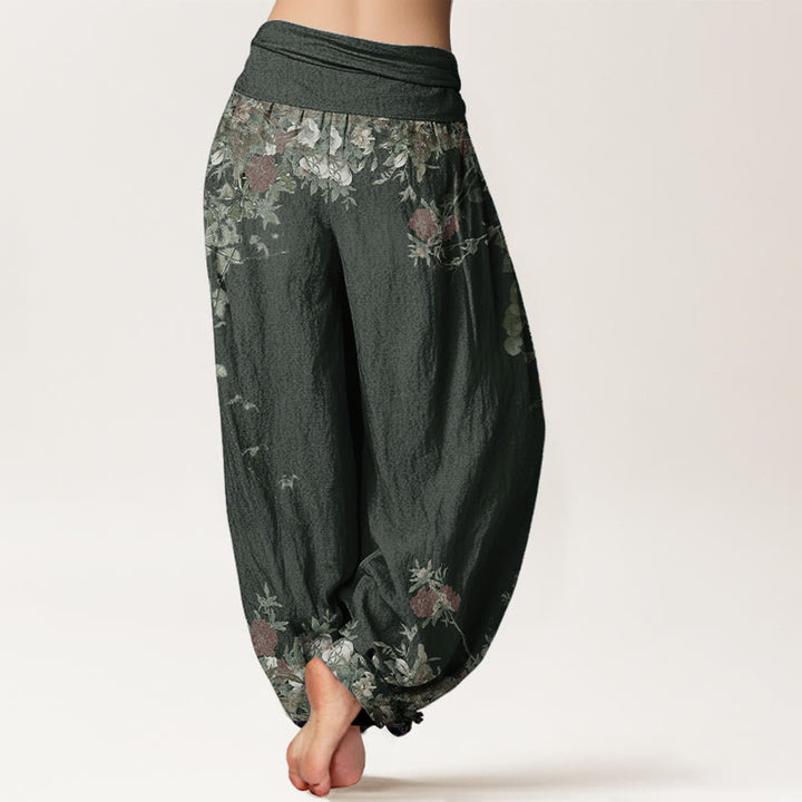 Buddha Stones Damen Haremshose aus reiner Baumwolle mit rotem Pfingstrosen-Blumenranken-Design und elastischer Taille