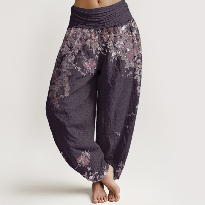 Buddha Stones Damen Haremshose aus reiner Baumwolle mit rotem Pfingstrosen-Blumenranken-Design und elastischer Taille