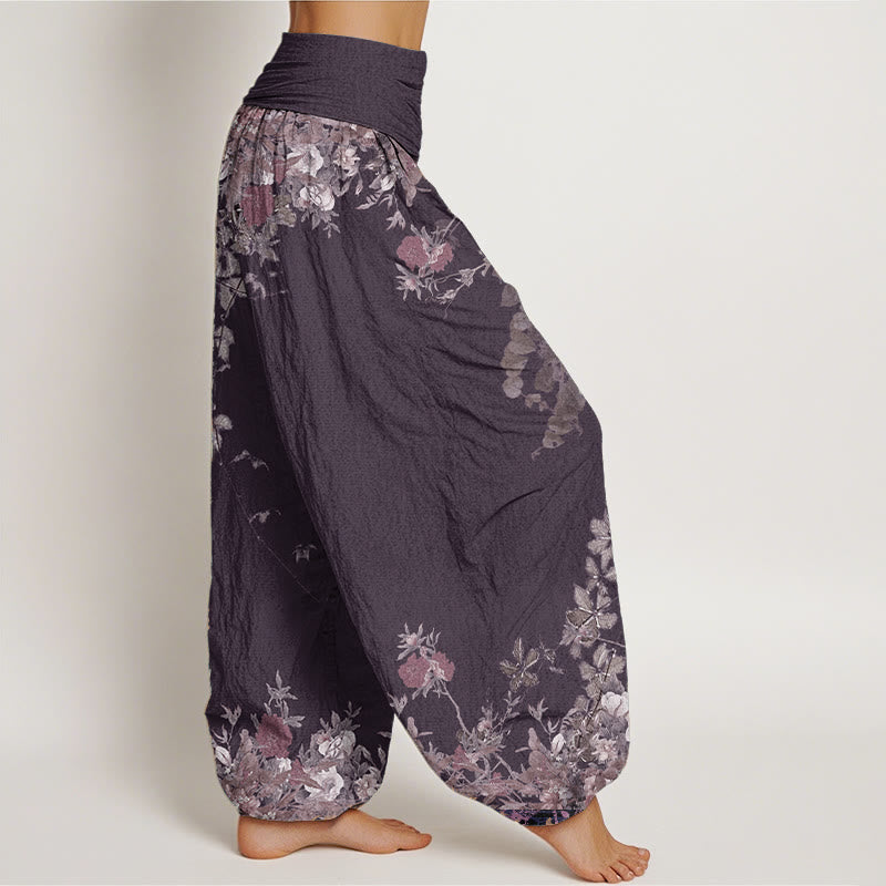 Buddha Stones Damen Haremshose aus reiner Baumwolle mit rotem Pfingstrosen-Blumenranken-Design und elastischer Taille