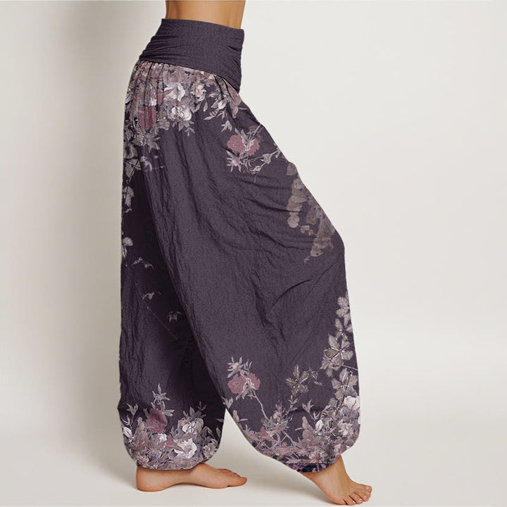 Buddha Stones Damen Haremshose aus reiner Baumwolle mit rotem Pfingstrosen-Blumenranken-Design und elastischer Taille