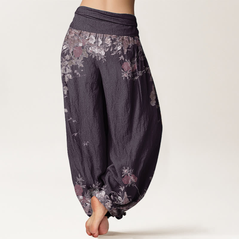 Buddha Stones Damen Haremshose aus reiner Baumwolle mit rotem Pfingstrosen-Blumenranken-Design und elastischer Taille - image 10