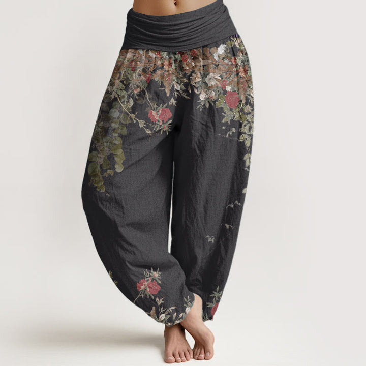 Buddha Stones Damen Haremshose aus reiner Baumwolle mit rotem Pfingstrosen-Blumenranken-Design und elastischer Taille