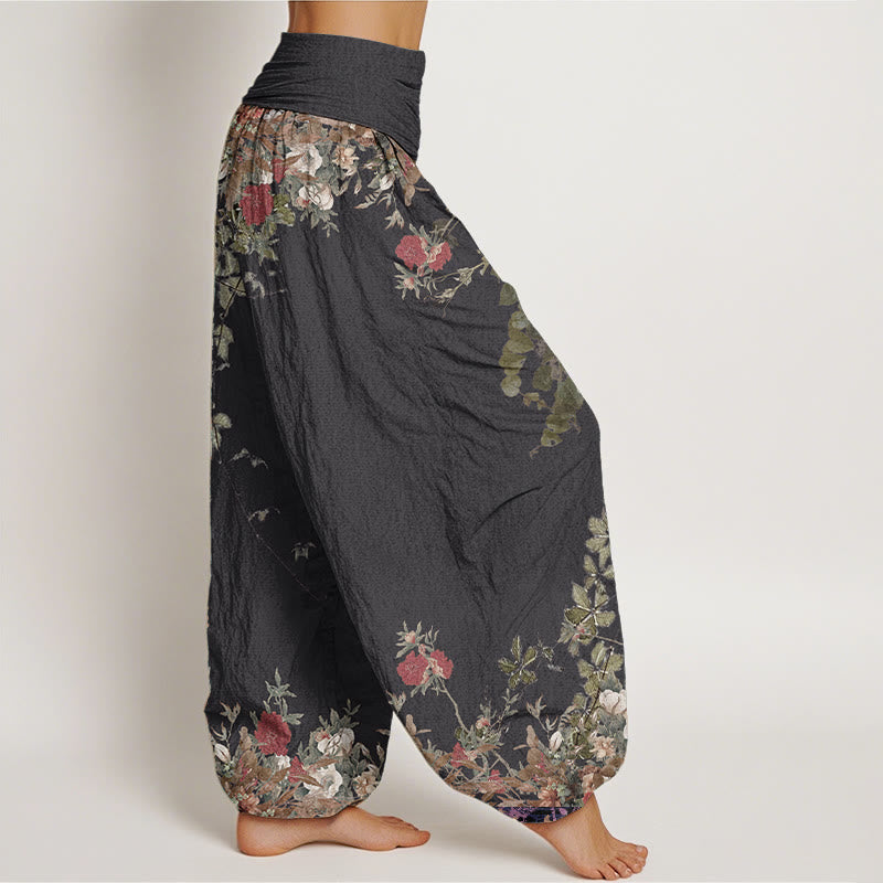Buddha Stones Damen Haremshose aus reiner Baumwolle mit rotem Pfingstrosen-Blumenranken-Design und elastischer Taille