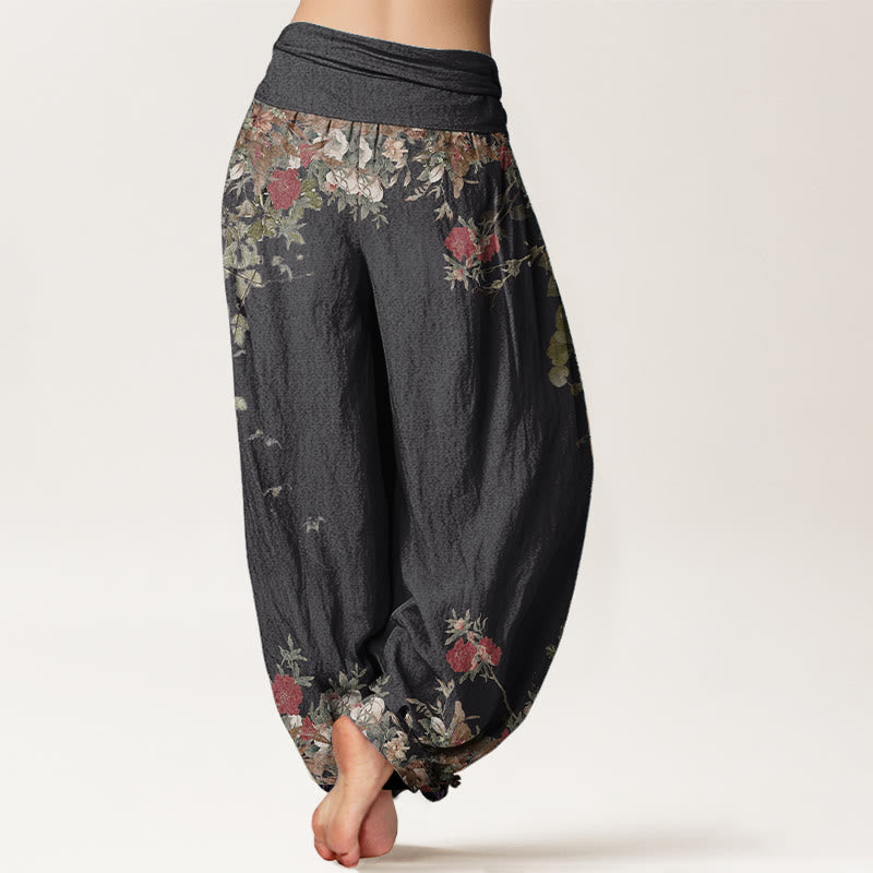Buddha Stones Damen Haremshose aus reiner Baumwolle mit rotem Pfingstrosen-Blumenranken-Design und elastischer Taille