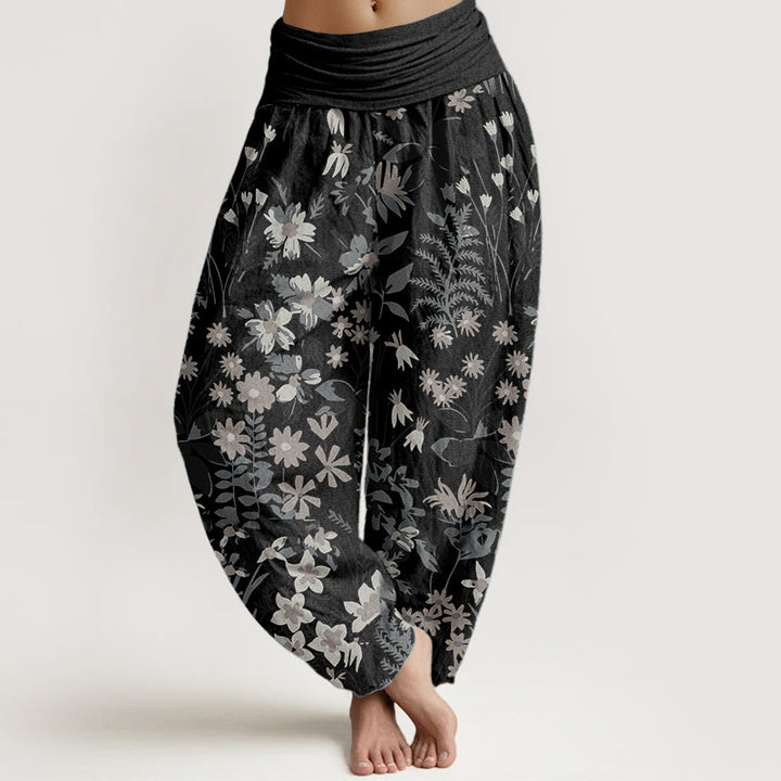 Buddha Stones Damen-Haremshose aus reiner Baumwolle mit Gänseblümchen-Blumen-Blätter-Design und elastischer Taille