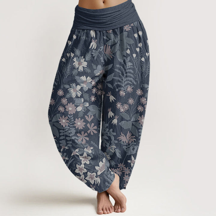 Buddha Stones Damen-Haremshose aus reiner Baumwolle mit Gänseblümchen-Blumen-Blätter-Design und elastischer Taille