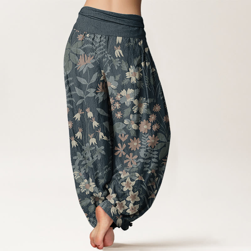 Buddha Stones Damen-Haremshose aus reiner Baumwolle mit Gänseblümchen-Blumen-Blätter-Design und elastischer Taille