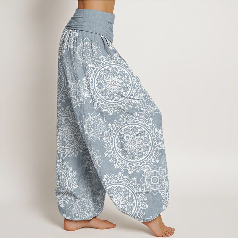 Buddha Stones Damen-Haremshose aus reiner Baumwolle, lässig, weißes Mandala-Blumen-Design, elastische Taille