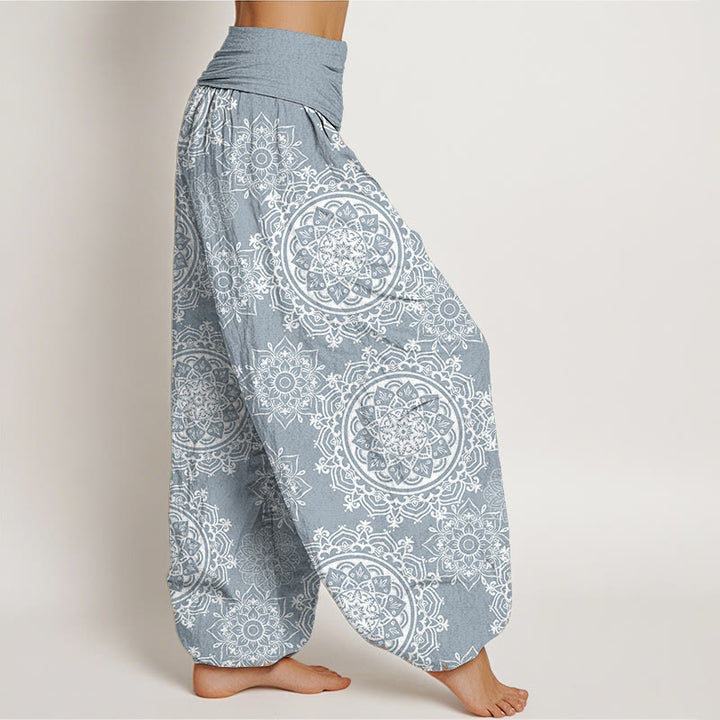 Buddha Stones Damen-Haremshose aus reiner Baumwolle, lässig, weißes Mandala-Blumen-Design, elastische Taille