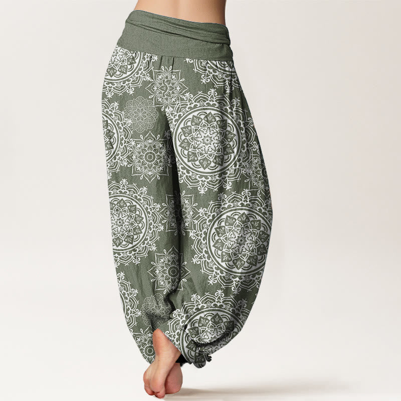 Buddha Stones Damen-Haremshose aus reiner Baumwolle, lässig, weißes Mandala-Blumen-Design, elastische Taille