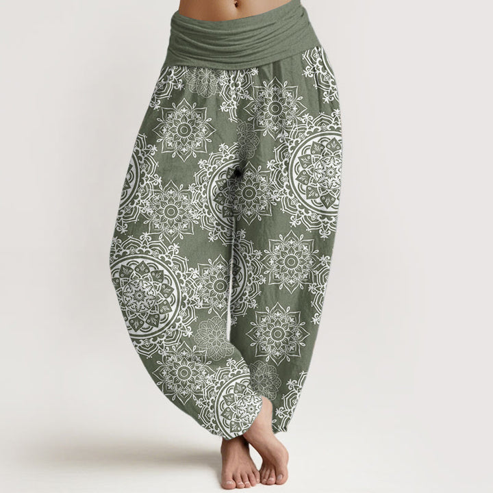 Buddha Stones Damen-Haremshose aus reiner Baumwolle, lässig, weißes Mandala-Blumen-Design, elastische Taille