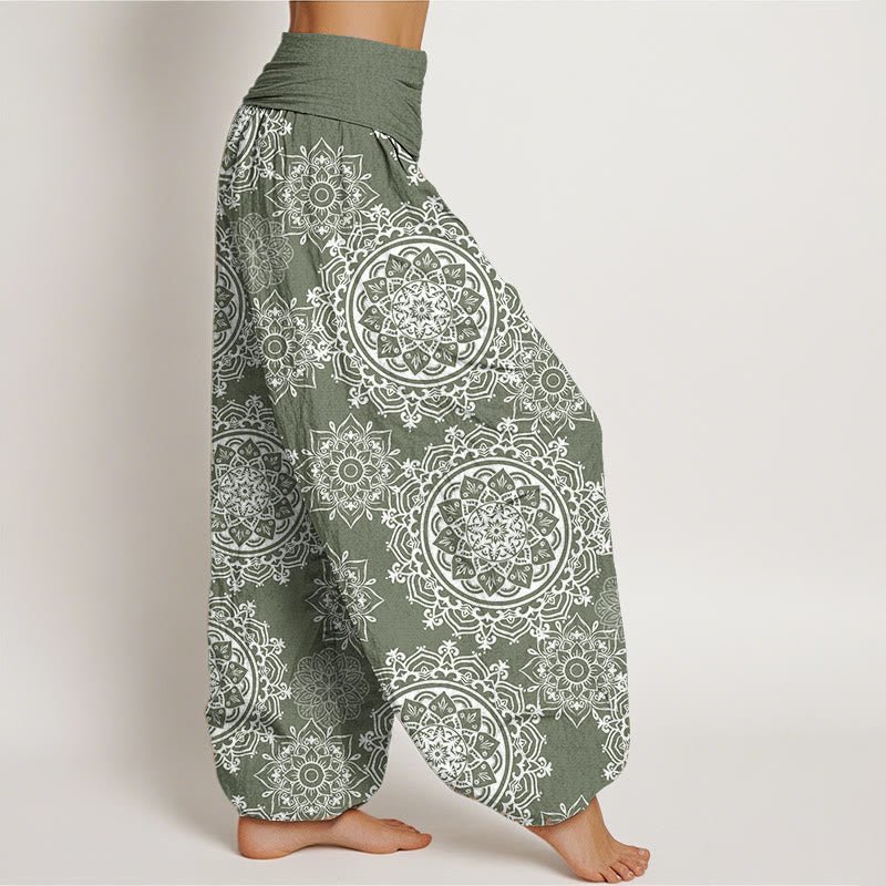Buddha Stones Damen-Haremshose aus reiner Baumwolle, lässig, weißes Mandala-Blumen-Design, elastische Taille