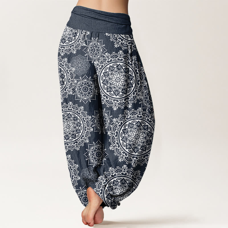 Buddha Stones Damen-Haremshose aus reiner Baumwolle, lässig, weißes Mandala-Blumen-Design, elastische Taille
