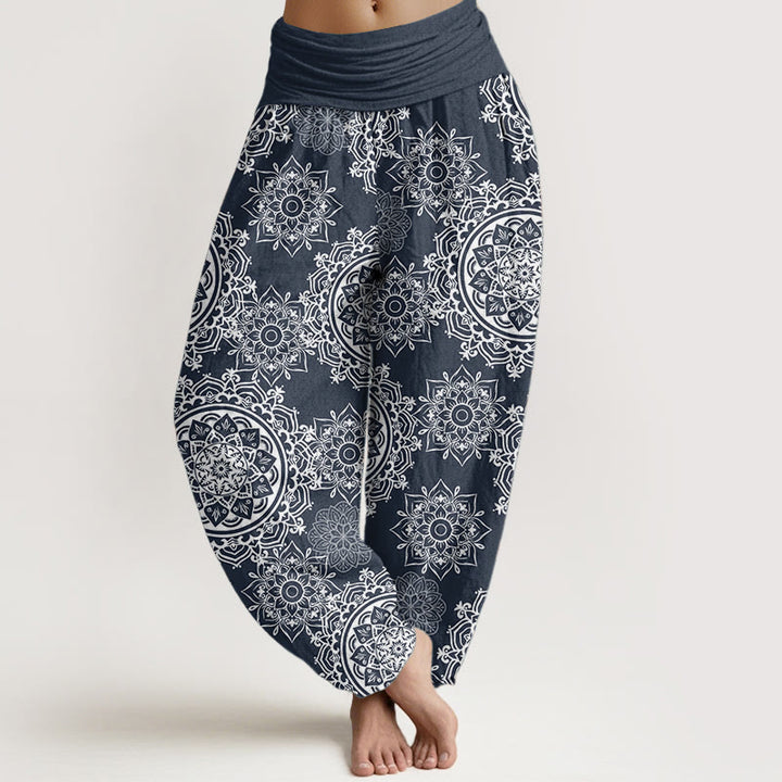 Buddha Stones Damen-Haremshose aus reiner Baumwolle, lässig, weißes Mandala-Blumen-Design, elastische Taille