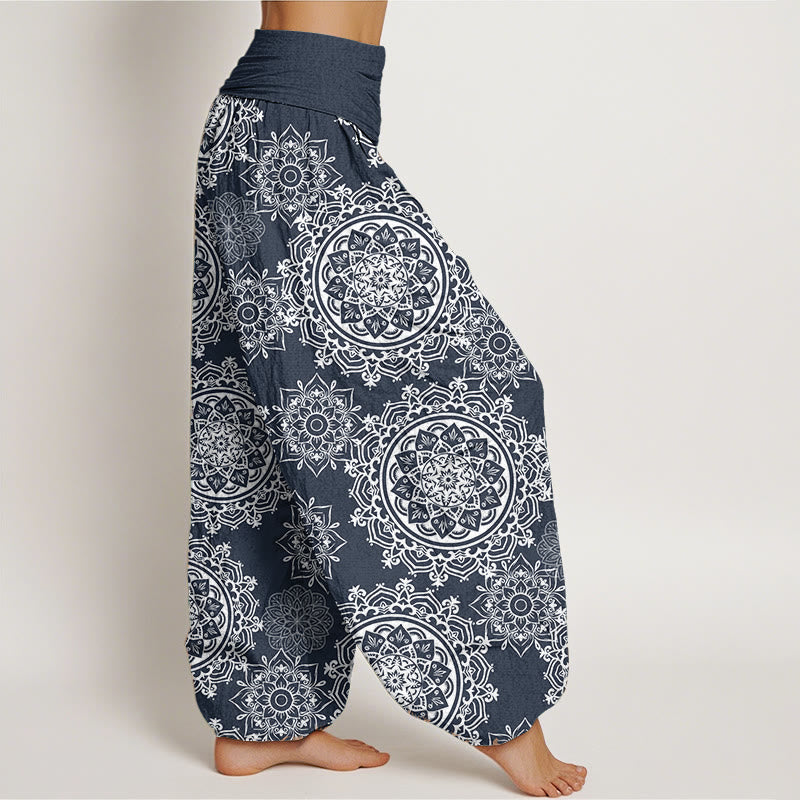 Buddha Stones Damen-Haremshose aus reiner Baumwolle, lässig, weißes Mandala-Blumen-Design, elastische Taille