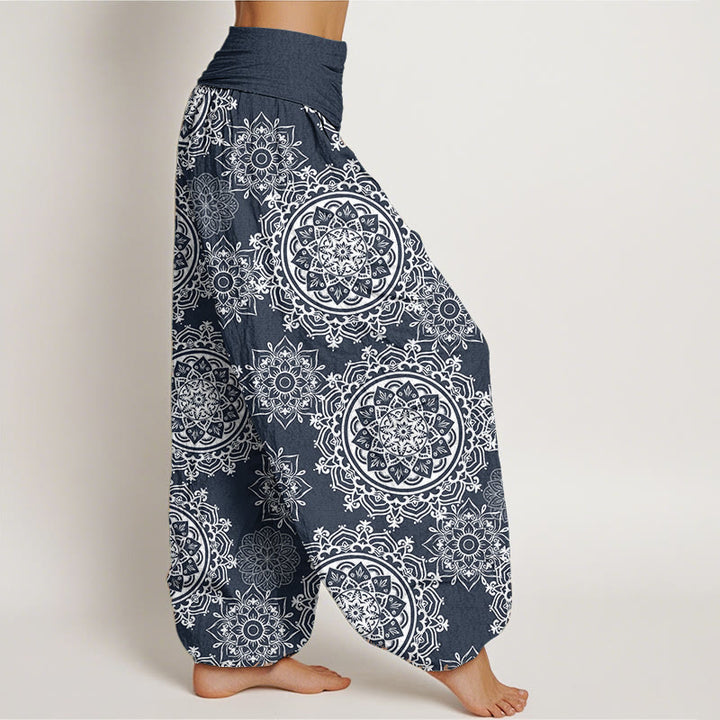 Buddha Stones Damen-Haremshose aus reiner Baumwolle, lässig, weißes Mandala-Blumen-Design, elastische Taille