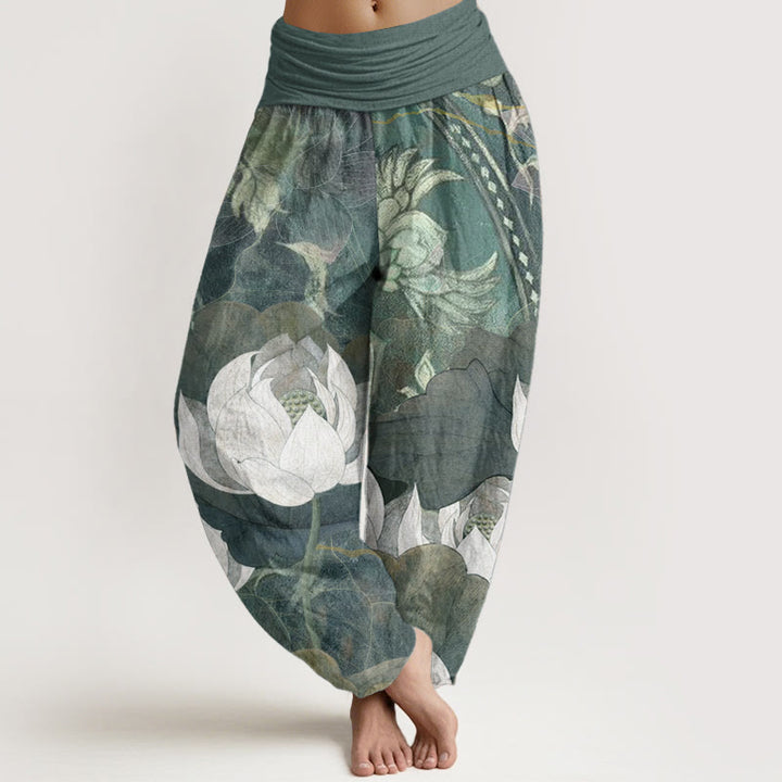 Buddha Stones Haremshose aus reiner Baumwolle mit weißem Lotusblatt-Muster, lässige Damen-Haremshose mit elastischer Taille