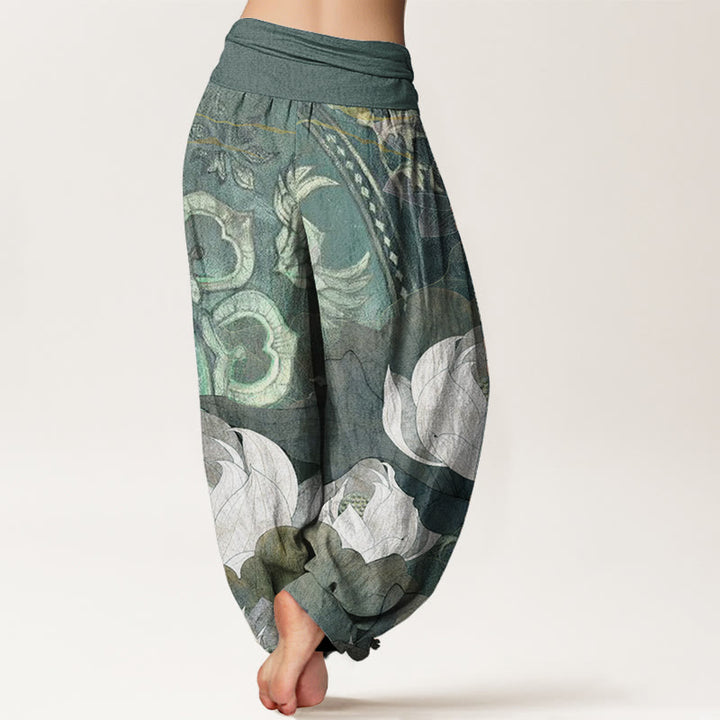 Buddha Stones Haremshose aus reiner Baumwolle mit weißem Lotusblatt-Muster, lässige Damen-Haremshose mit elastischer Taille