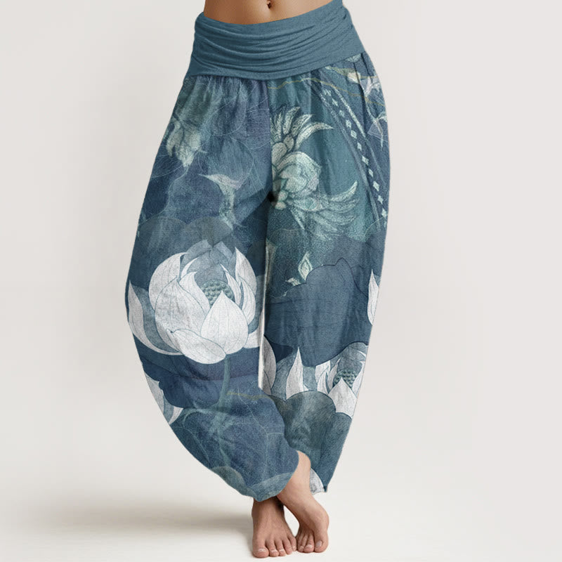 Buddha Stones Haremshose aus reiner Baumwolle mit weißem Lotusblatt-Muster, lässige Damen-Haremshose mit elastischer Taille