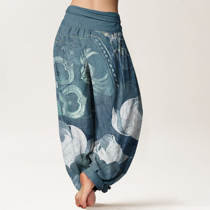 Buddha Stones Haremshose aus reiner Baumwolle mit weißem Lotusblatt-Muster, lässige Damen-Haremshose mit elastischer Taille