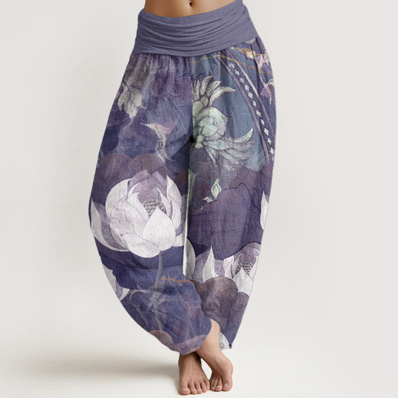 Buddha Stones Haremshose aus reiner Baumwolle mit weißem Lotusblatt-Muster, lässige Damen-Haremshose mit elastischer Taille