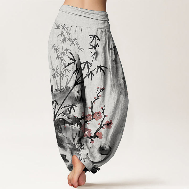 Buddha Stones, reine Baumwolle, Pflaumenblüten, Bambus, Orchideen, Chrysanthemen-Muster, Damen-Haremshose mit elastischer Taille